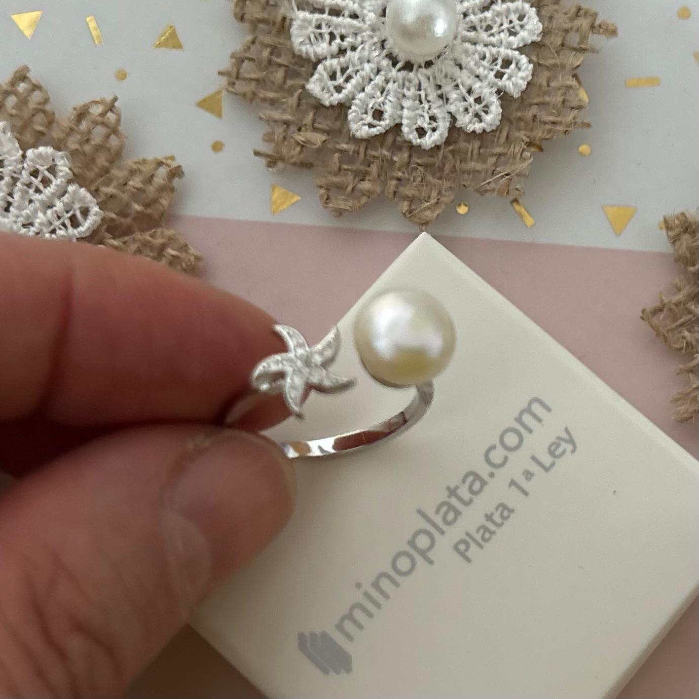Anillo ajustable Perla cultivada y estrella de Plata de ley rodiada con Circonitas 4
