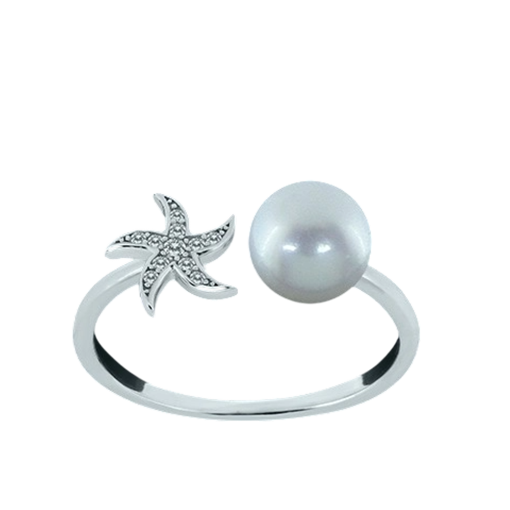 Anillo ajustable Perla cultivada y estrella de Plata de ley rodiada con Circonitas