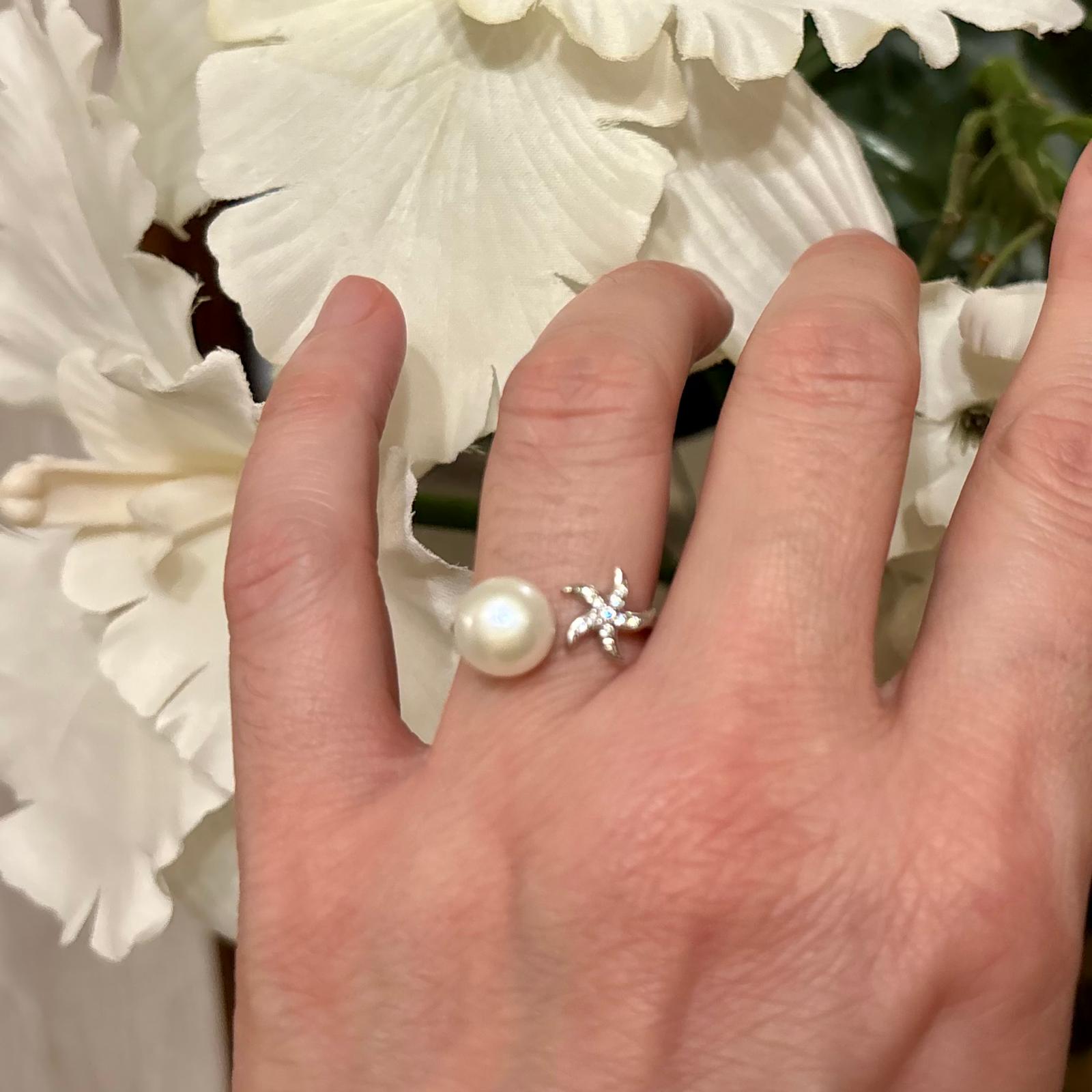 Anillo ajustable Perla cultivada y estrella de Plata de ley rodiada con Circonitas 2