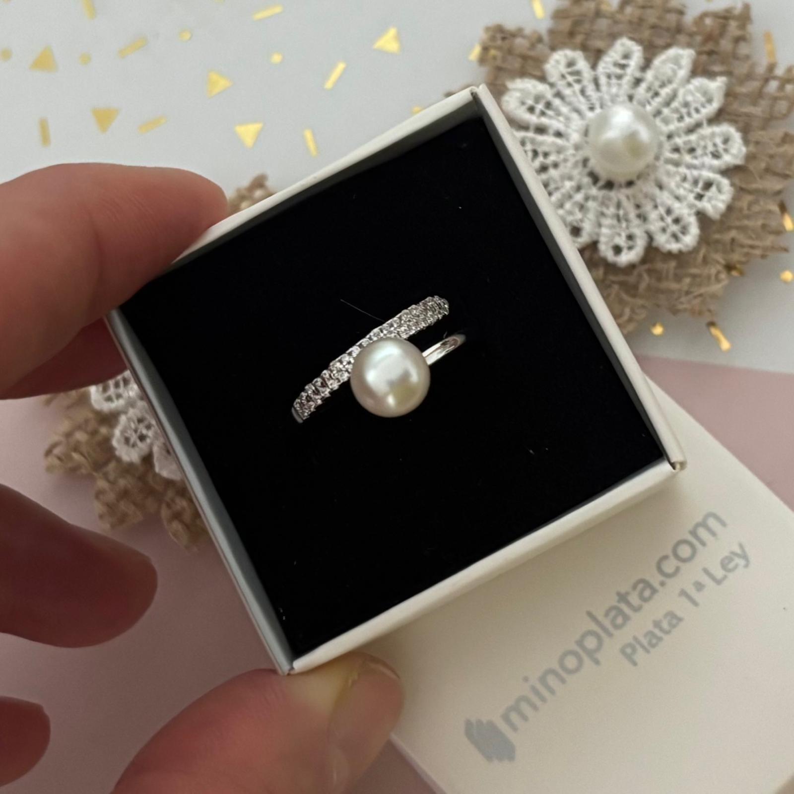 Anillo ajustable Perla cultivada y Circonitas en Plata de ley rodiada 3