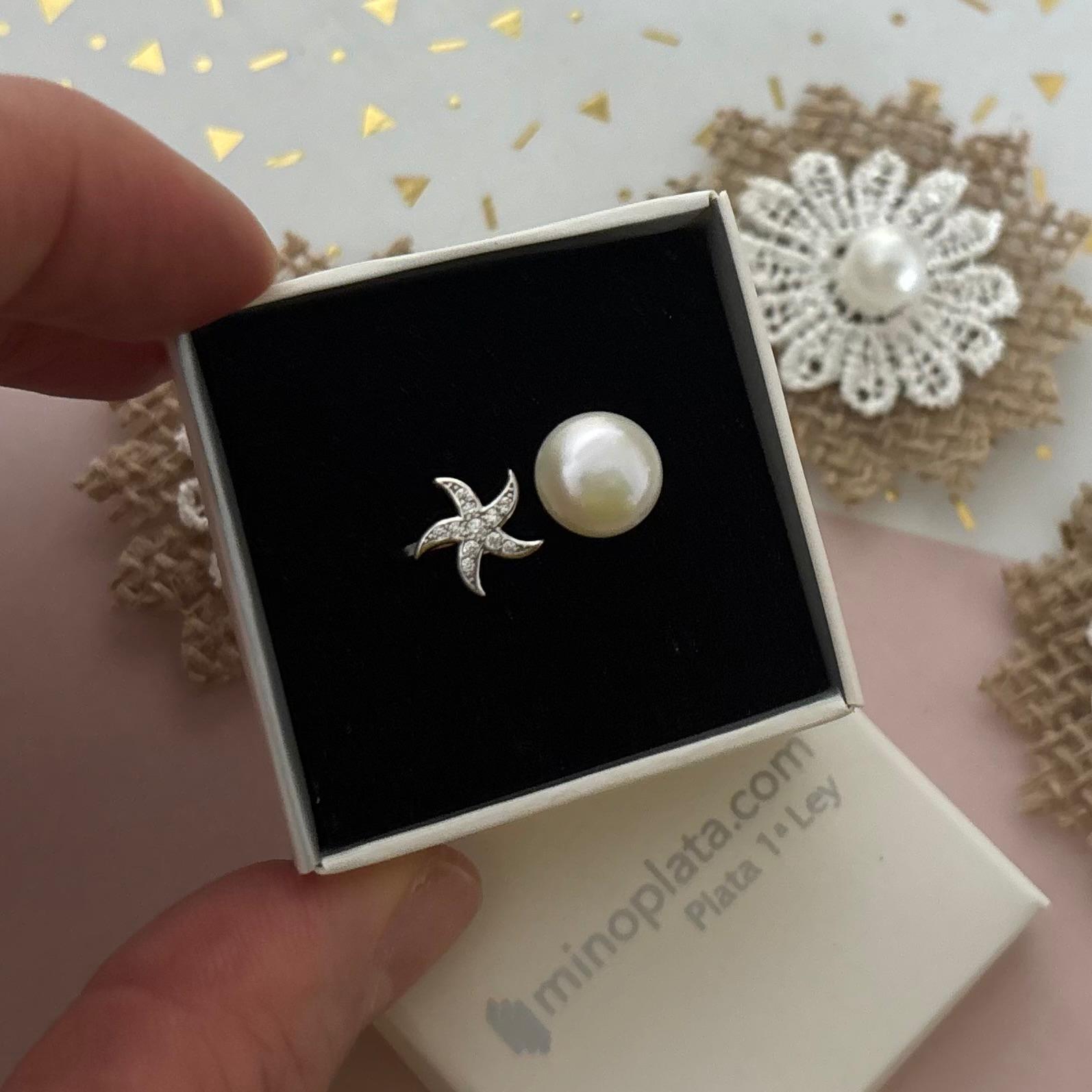 Anillo ajustable Perla cultivada y estrella de Plata de ley rodiada con Circonitas 3