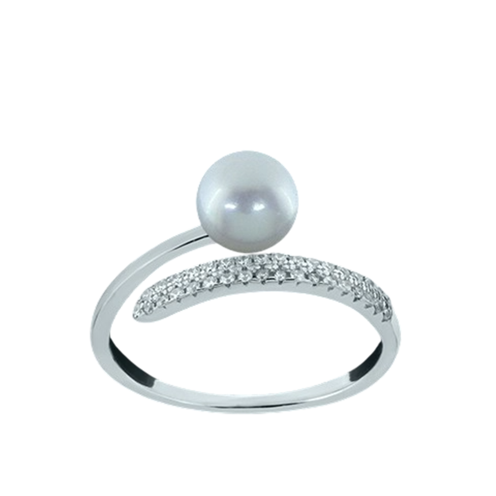 Anillo ajustable Perla cultivada y Circonitas en Plata de ley rodiada