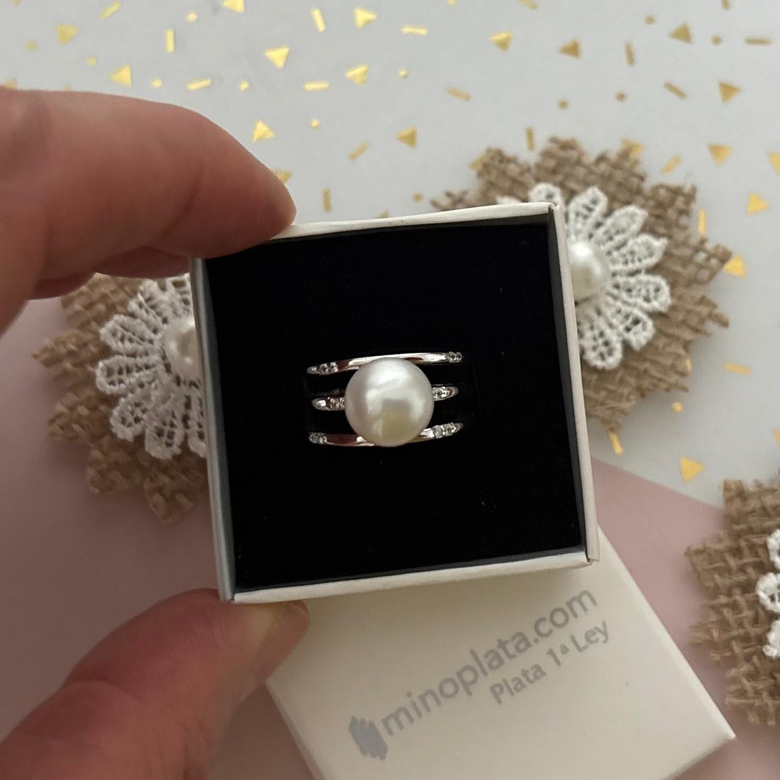 Anillo bandas de Plata de ley rodiada con Perla cultivada y Circonitas 4
