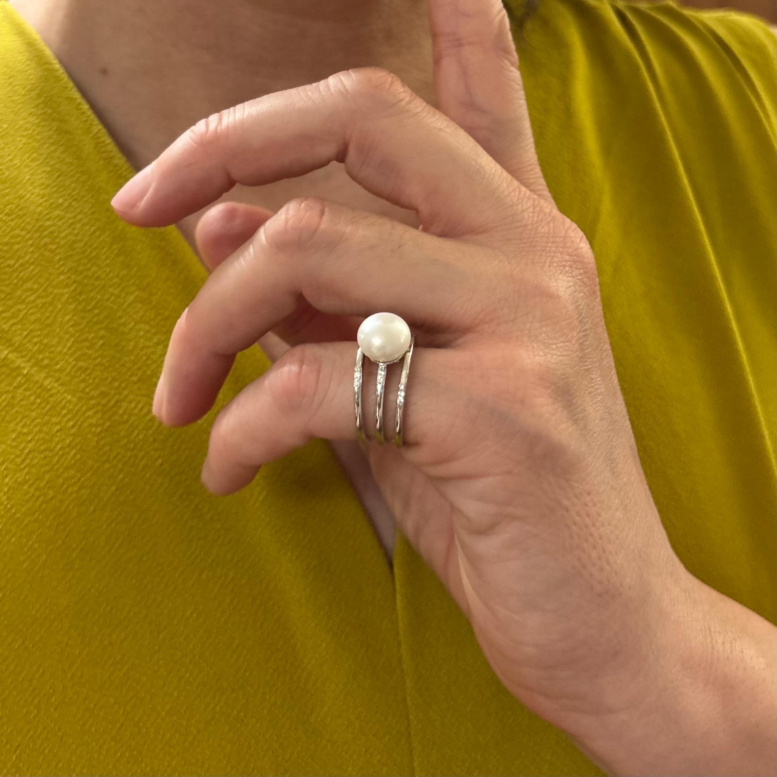 Anillo bandas de Plata de ley rodiada con Perla cultivada y Circonitas 2