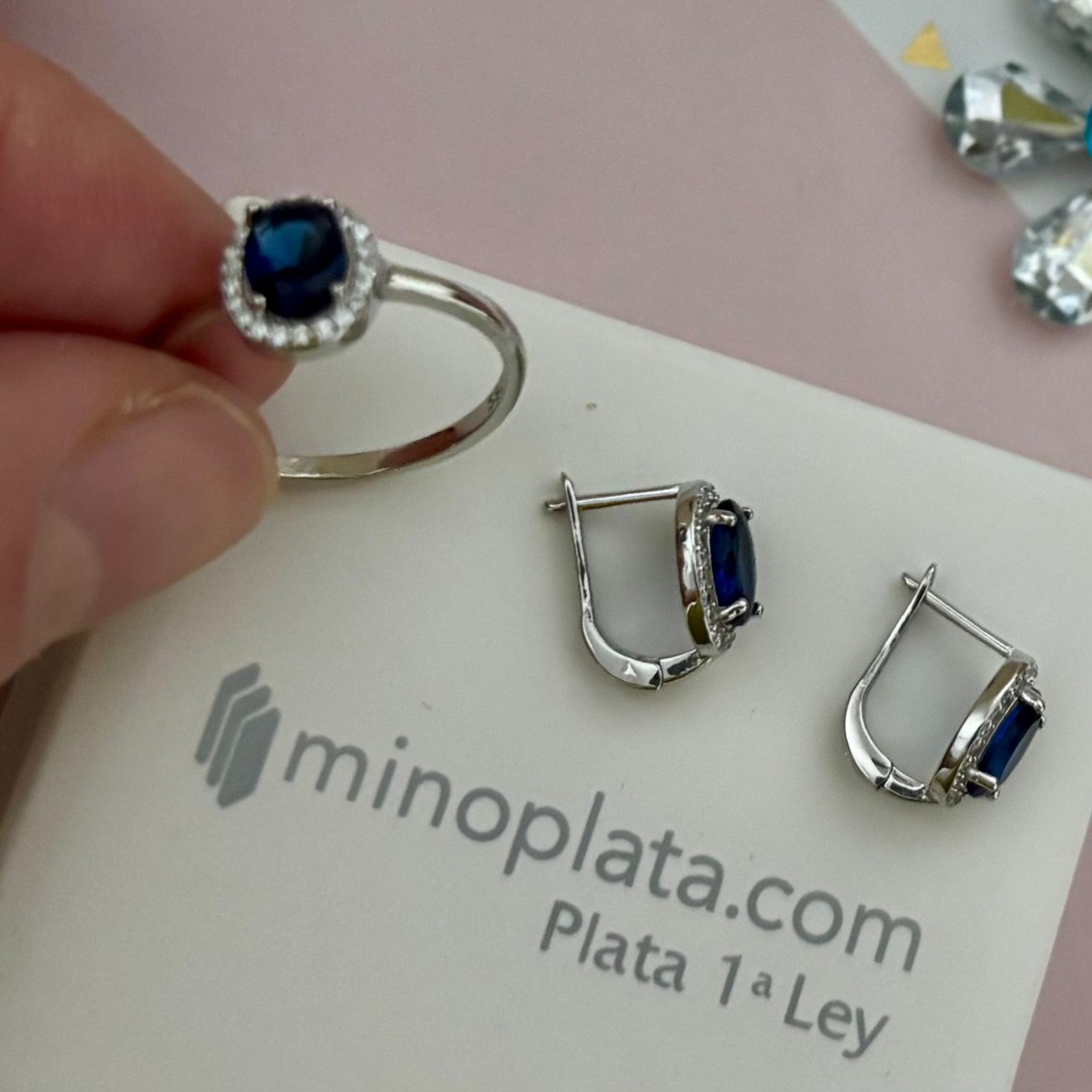 Conjunto Pendientes y Anillo de Plata rodiada con Circonitas azul zafiro y blancas 4