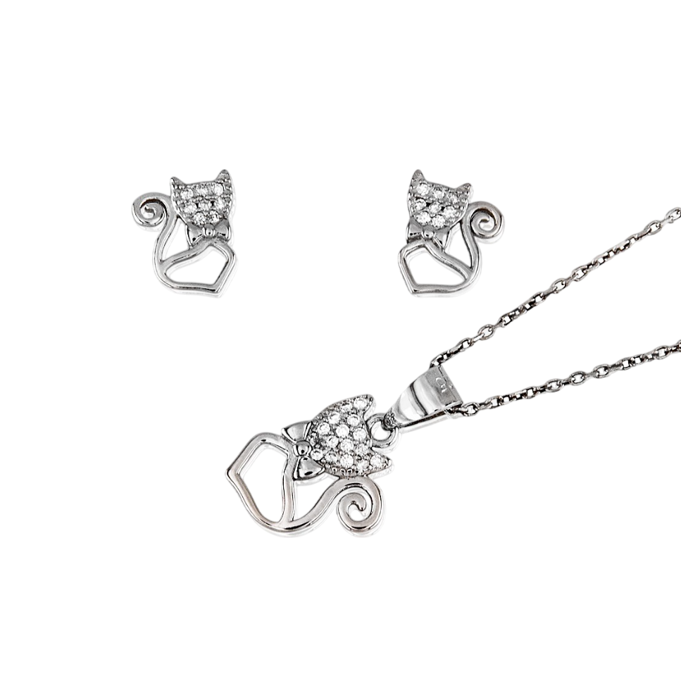 Juego Pendientes y Gargantilla gatos de Plata de ley con Circonitas
