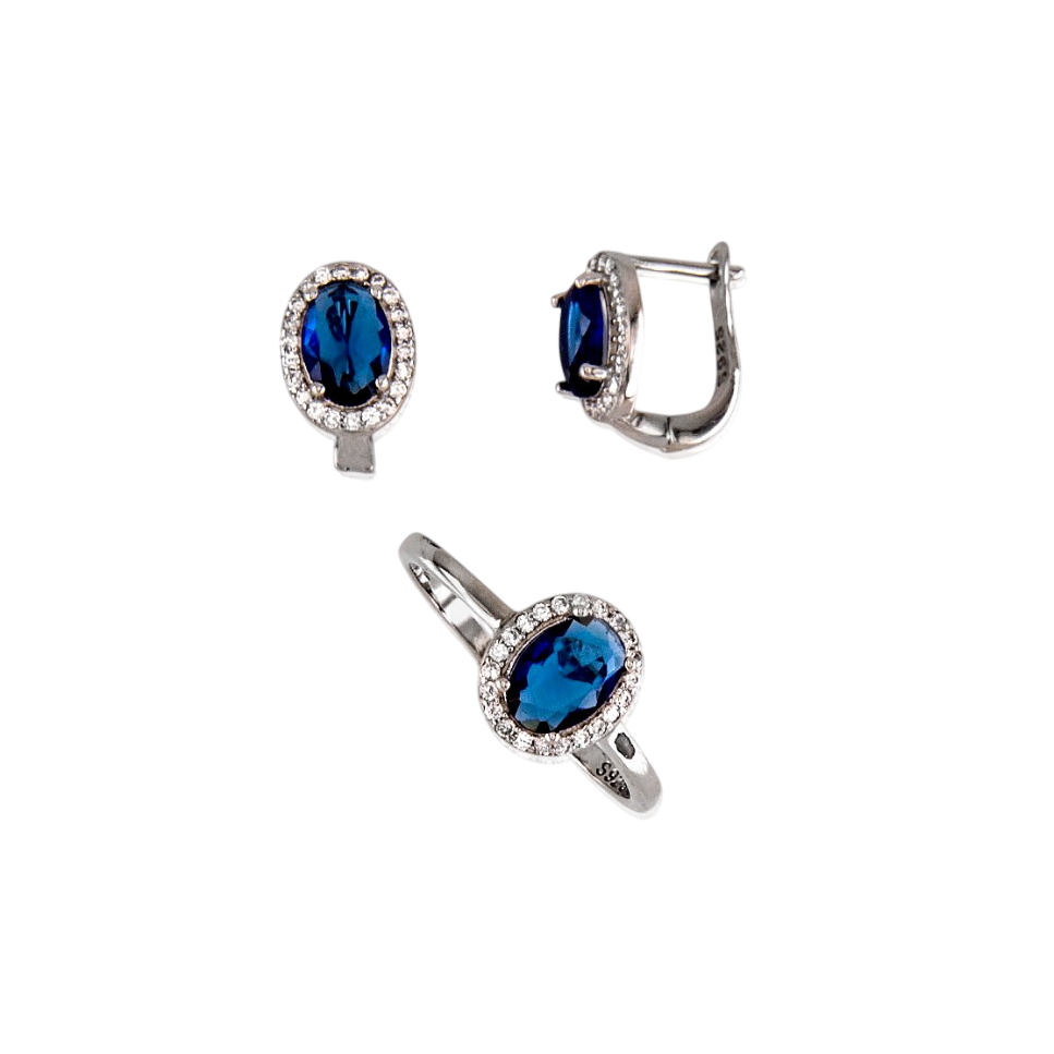 Conjunto Pendientes y Anillo de Plata rodiada con Circonitas azul zafiro y blancas