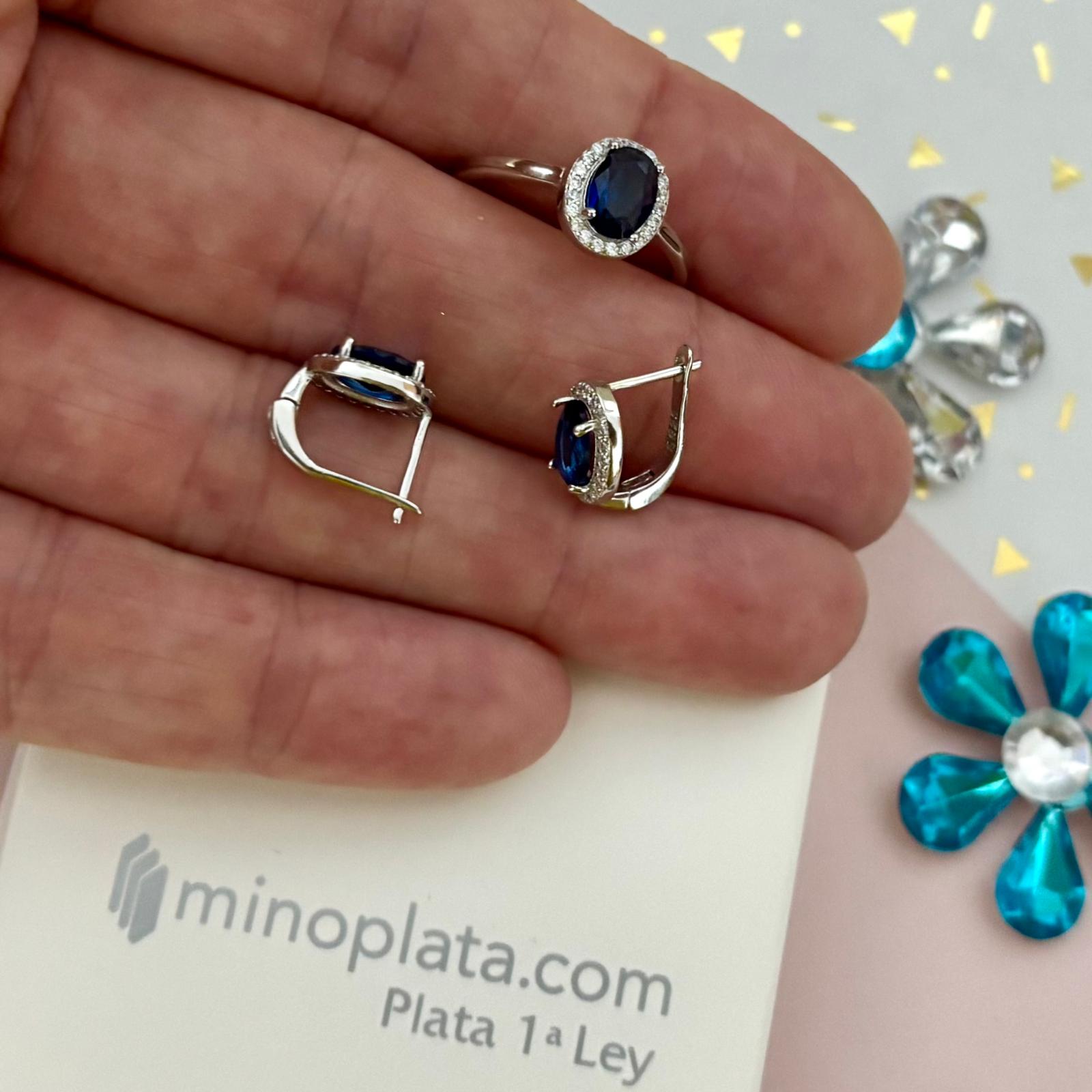 Conjunto Pendientes y Anillo de Plata rodiada con Circonitas azul zafiro y blancas 2