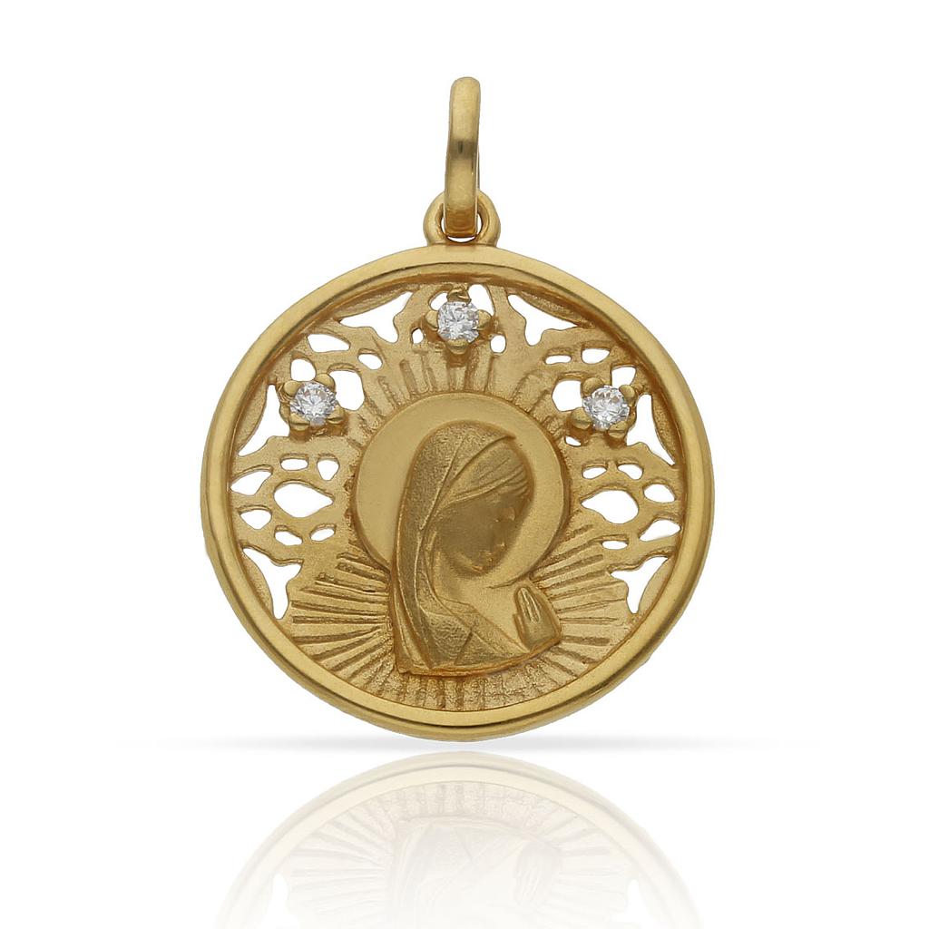Medalla Virgen Niña calada con Circonitas en Plata de ley chapada Oro 22mm