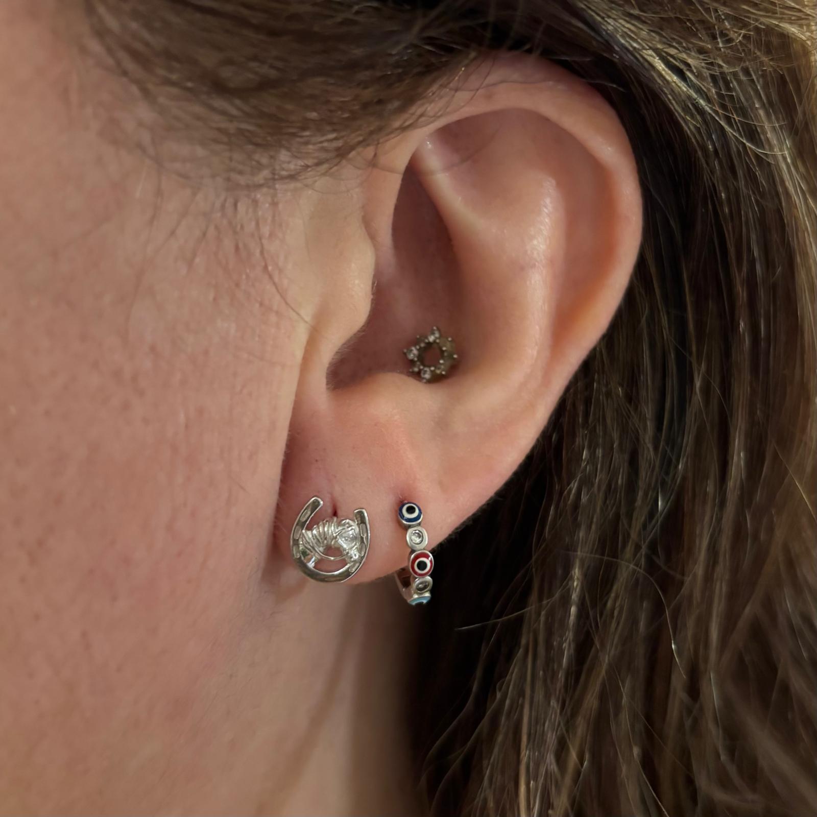 Pendientes herradura de la suerte con caballo de Plata de ley 925 5