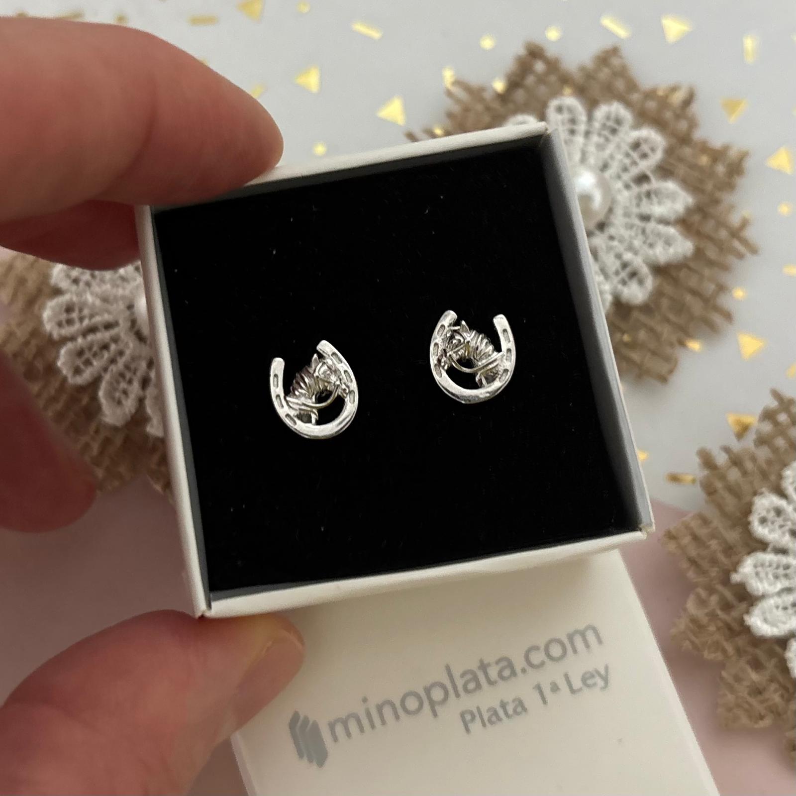 Pendientes herradura de la suerte con caballo de Plata de ley 925 2