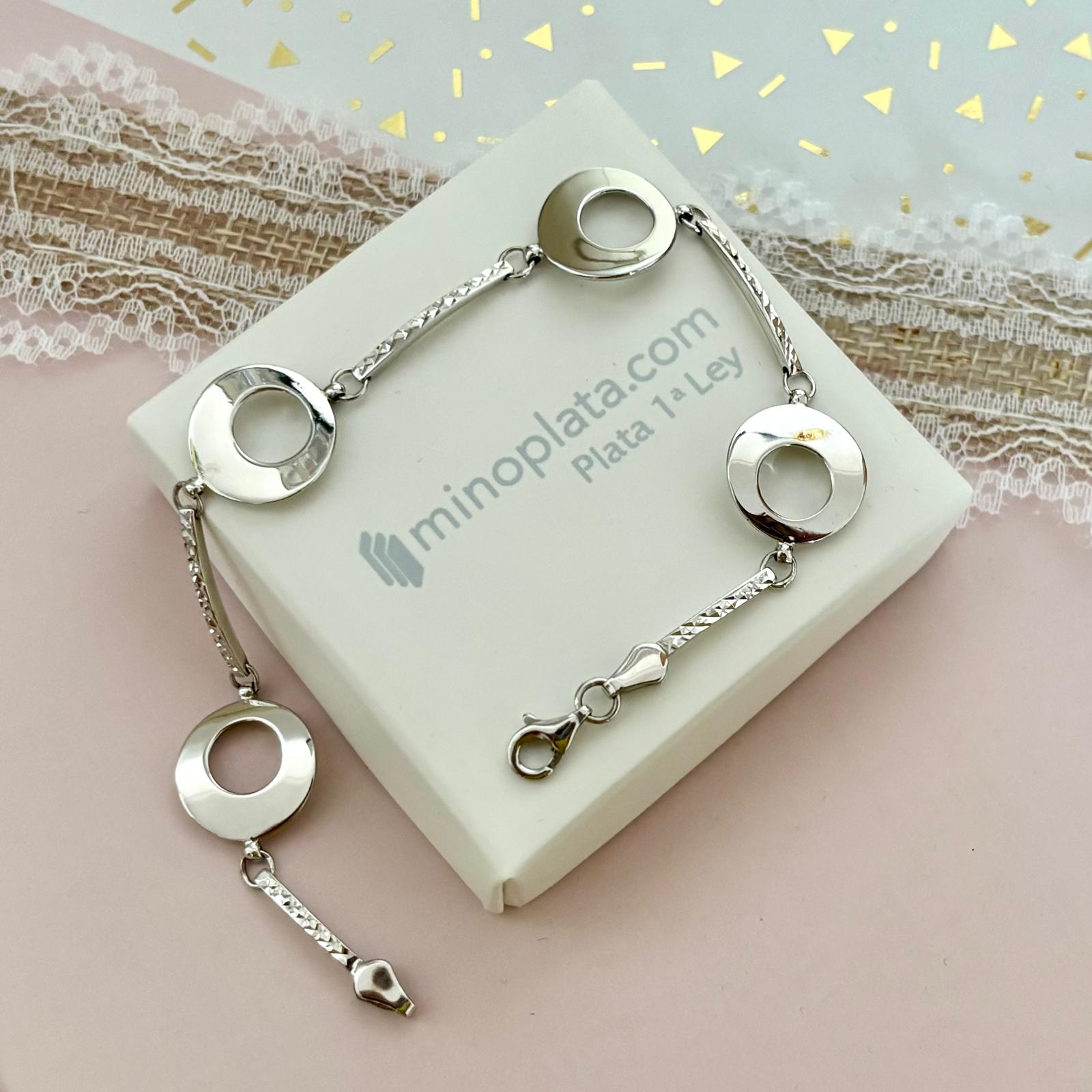 Pulsera círculos de Plata de ley rodiada tallada 3