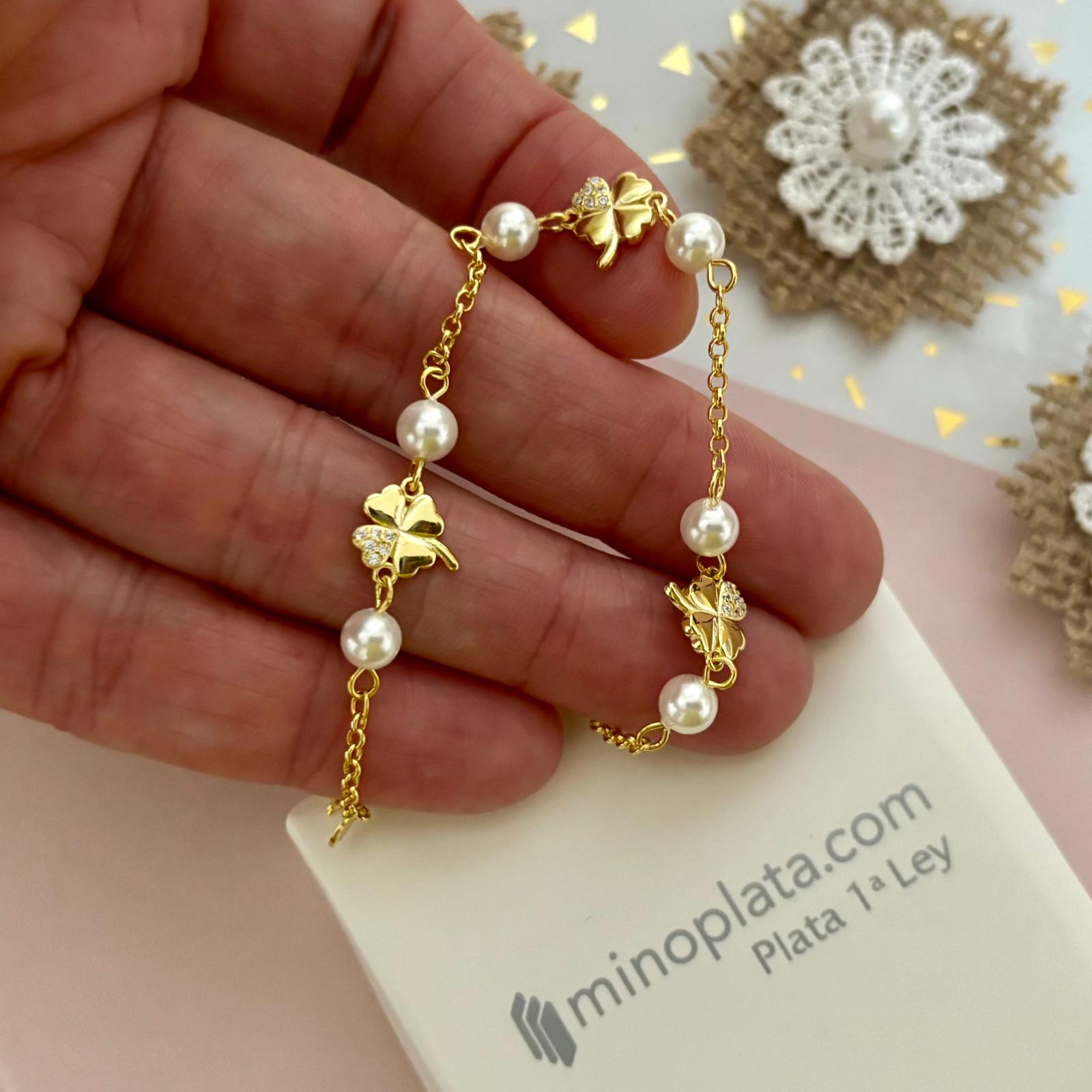 Pulsera tréboles de Plata de ley chapada en Oro con Perlas y Circonitas para niñas 4