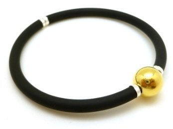 Pulsera elástica caucho negro y bola de Plata de ley chapada en oro