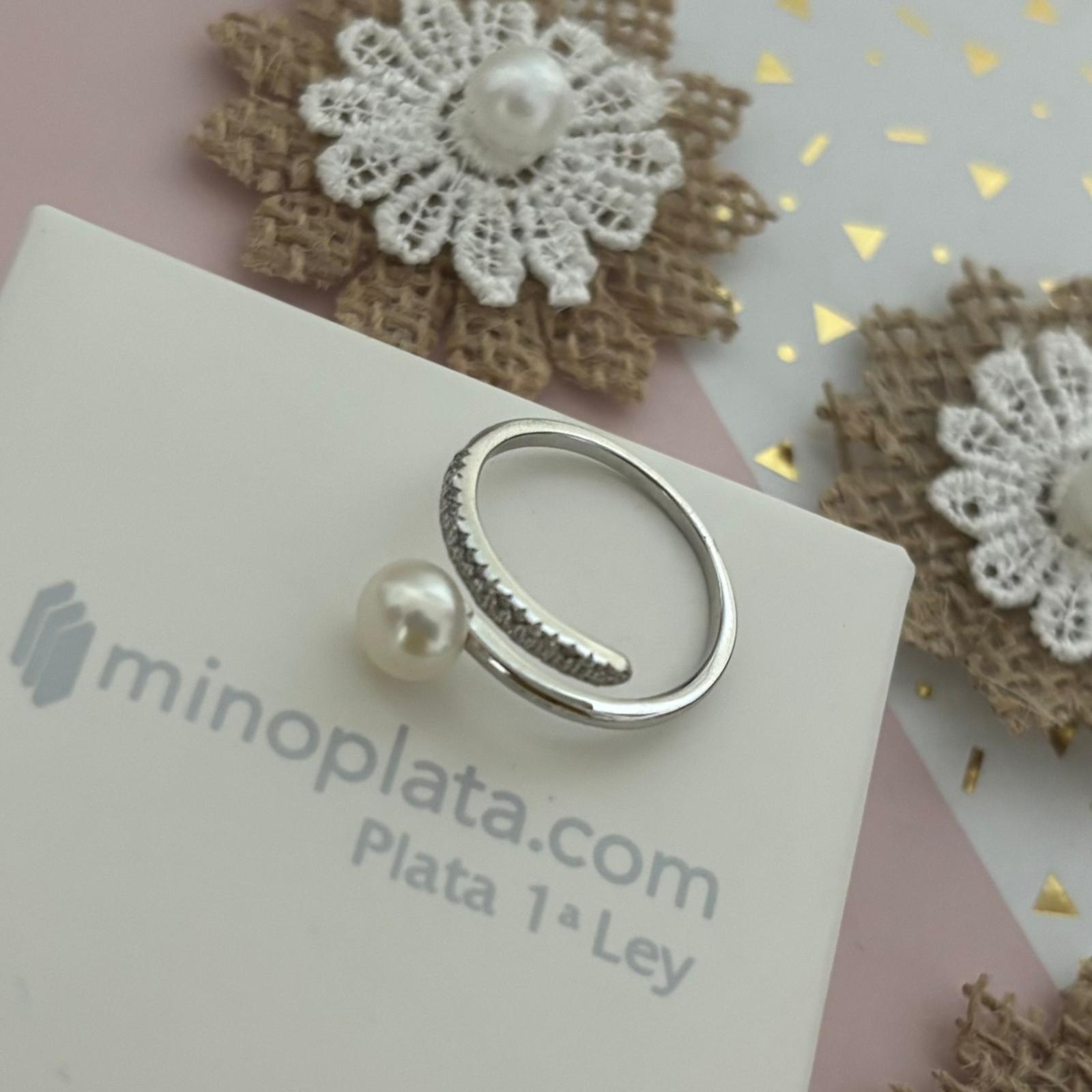 Anillo ajustable Perla cultivada y Circonitas en Plata de ley rodiada 4