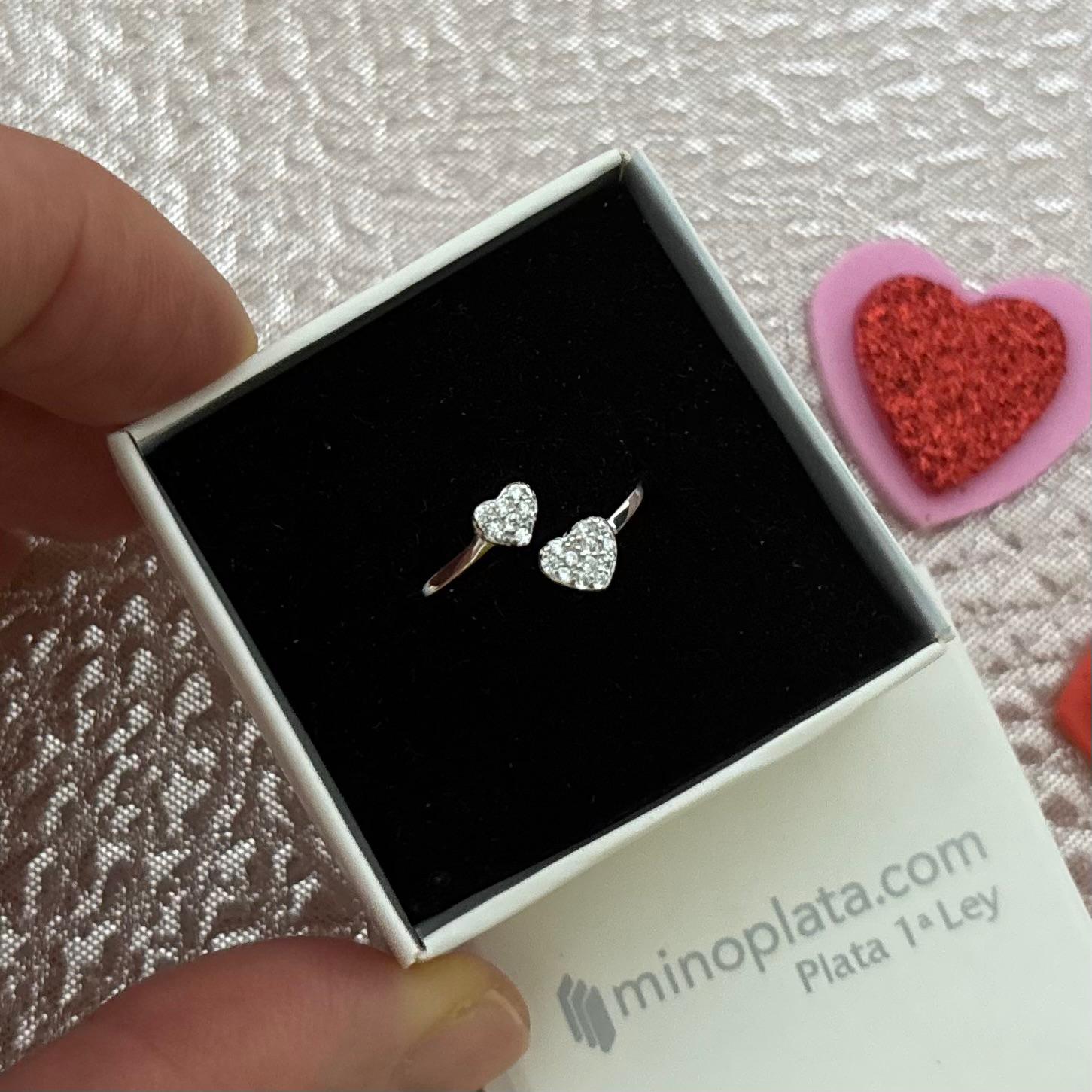 Anillo ajustable corazones de Plata de ley rodiada con Circonitas microengastadas 4