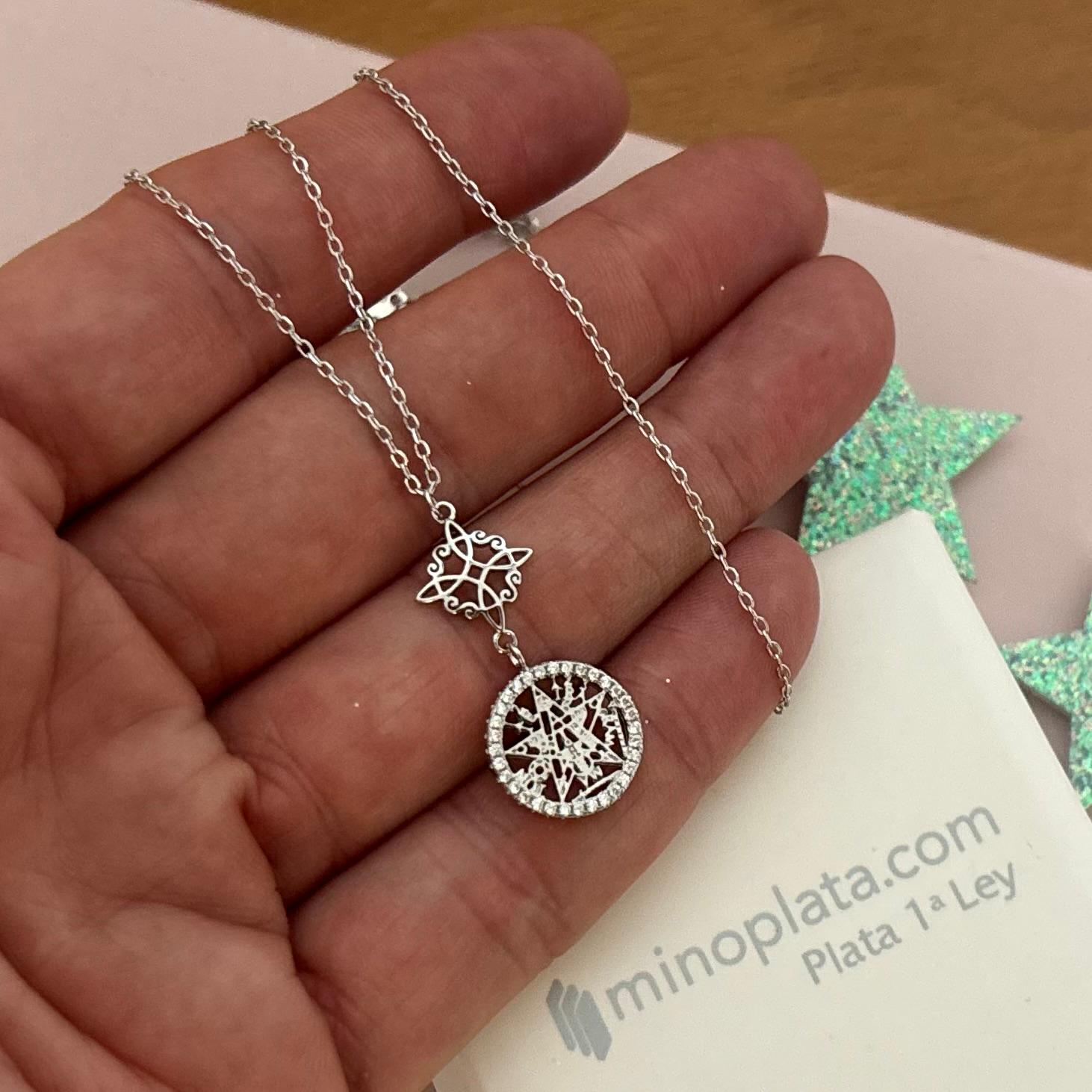 Gargantilla de Plata rodiada nudo de bruja y tetragramaton con Circonitas 2