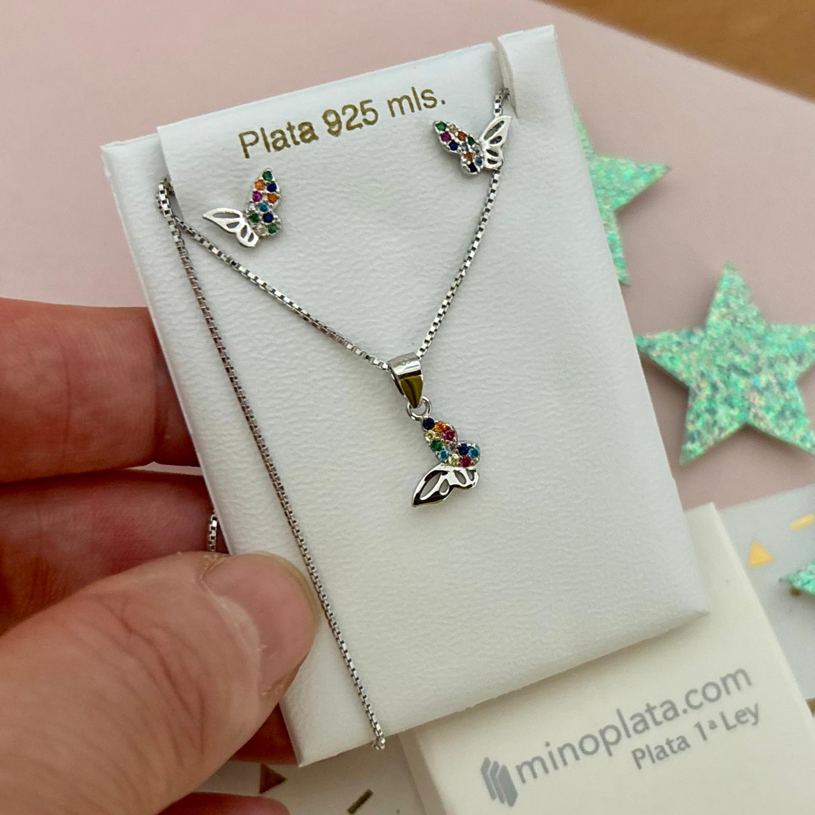 Juego Pendientes y Gargantilla mariposas de Plata rodiada con Circonitas colores 2