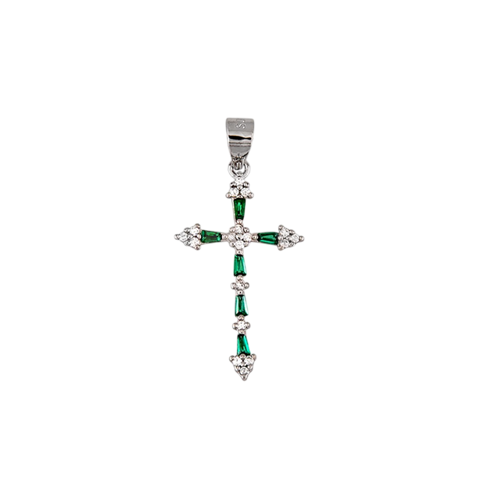 Crucifijo de Plata de ley rodiada con Circonitas verdes y blancas 25mmx14mm