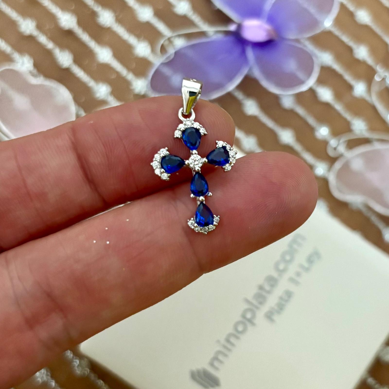 Crucifijo de Plata de ley rodiada con Circonitas azul zafiro y blancas 19mm x 14mm 2