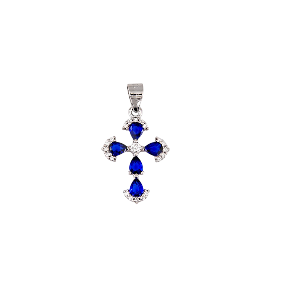 Crucifijo de Plata de ley rodiada con Circonitas azul zafiro y blancas 19mm x 14mm