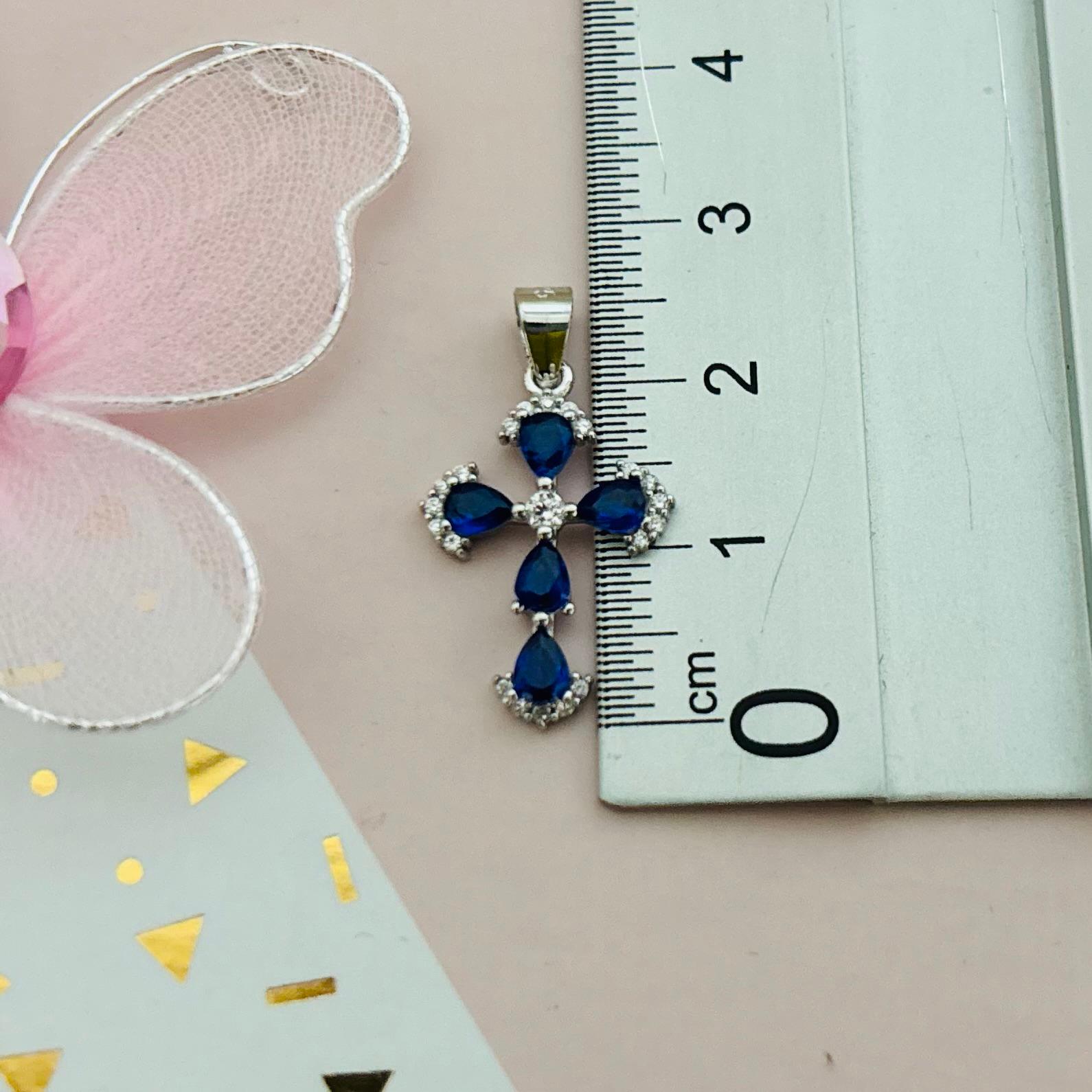Crucifijo de Plata de ley rodiada con Circonitas azul zafiro y blancas 19mm x 14mm 4