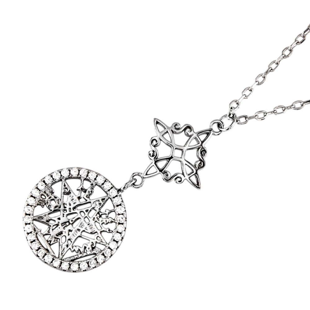 Gargantilla de Plata rodiada nudo de bruja y tetragramaton con Circonitas