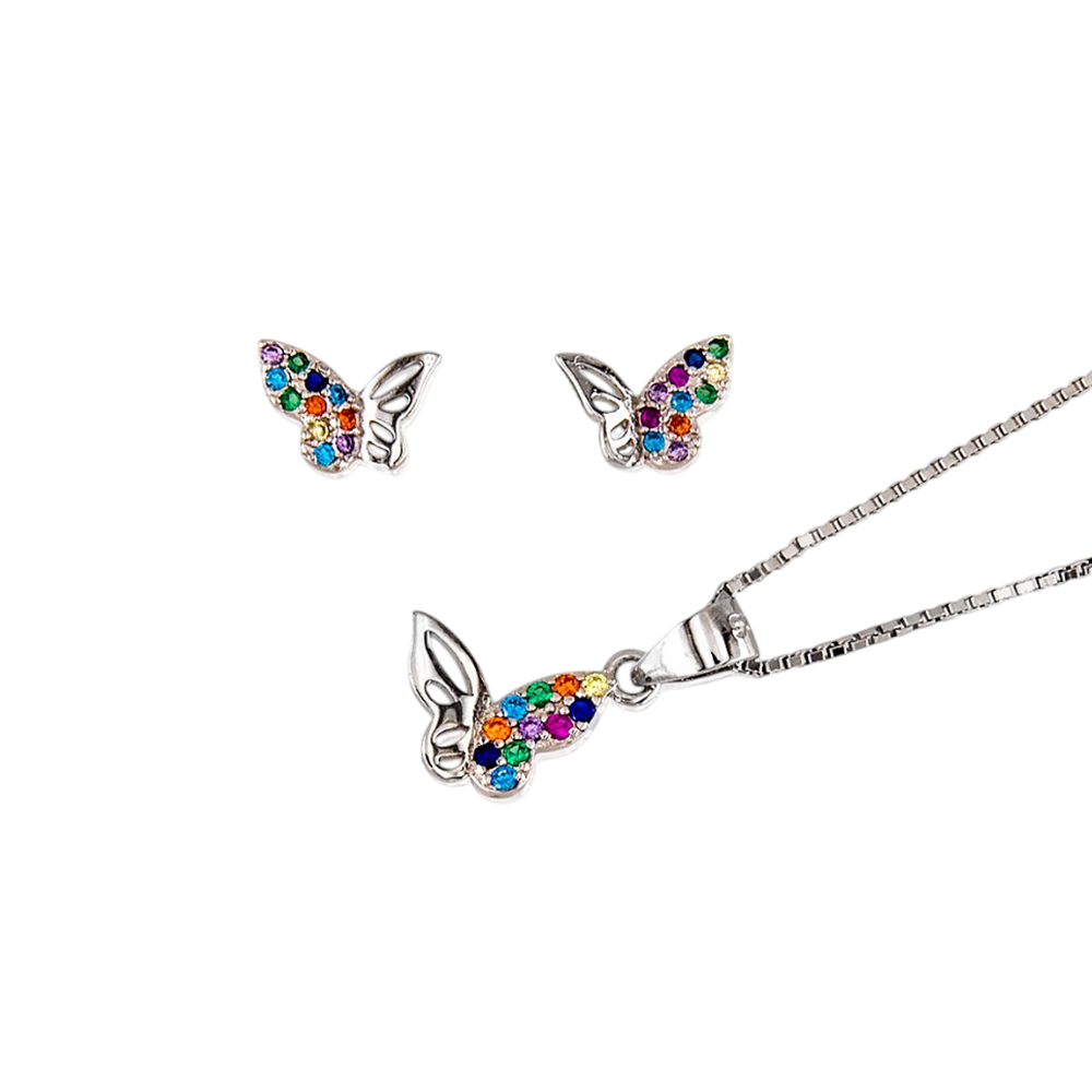 Juego Pendientes y Gargantilla mariposas de Plata rodiada con Circonitas colores