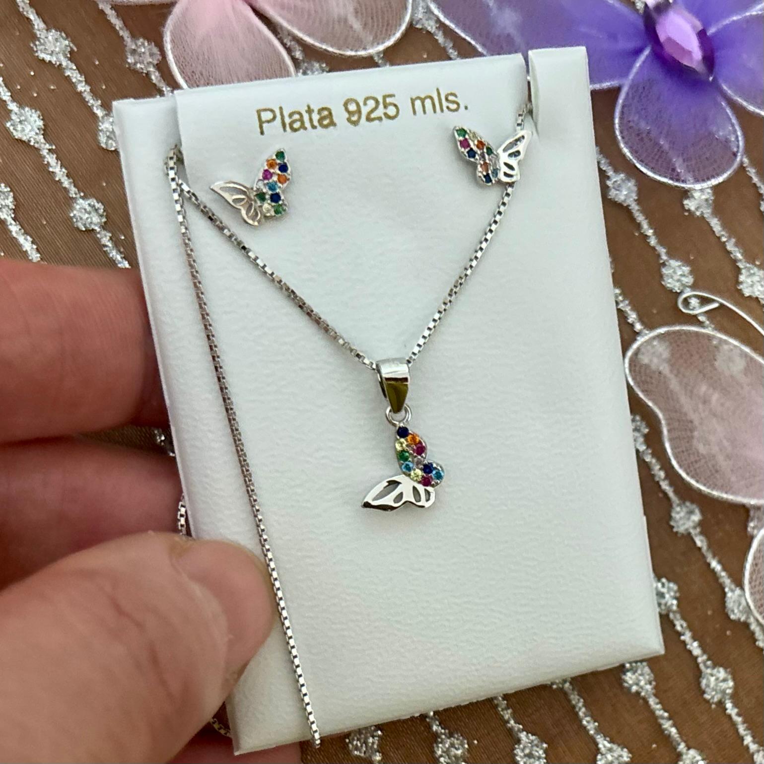 Juego Pendientes y Gargantilla mariposas de Plata rodiada con Circonitas colores 3