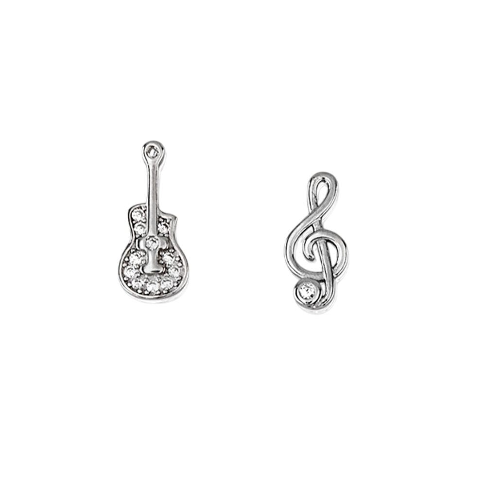 Pendientes asimétricos clave de sol y guitarra de Plata con Circonitas