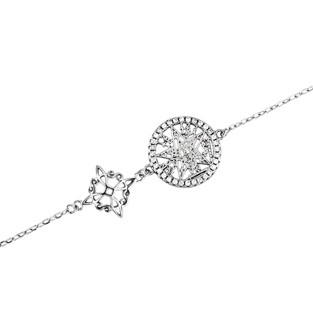 Pulsera nudo de bruja y tetragramaton de Plata con Circonitas