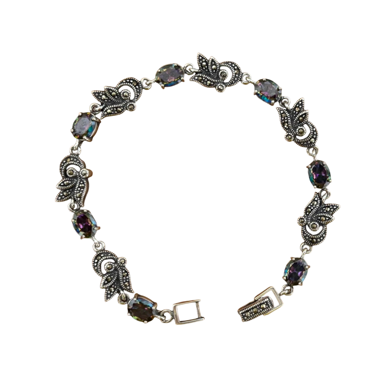 Pulsera de Plata de ley vieja con piedras Marcasitas y Topacio místico