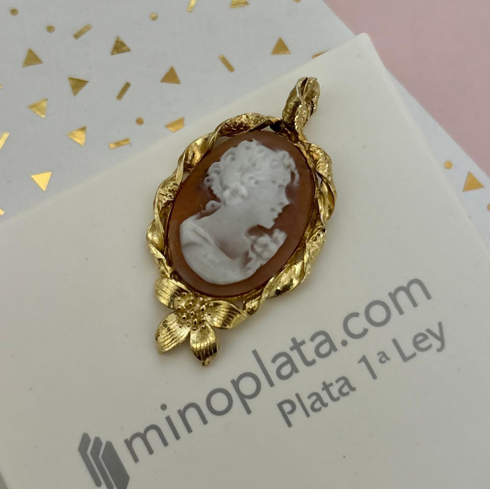 Colgante camafeo de Plata de ley chapada dorada con concha y lazo 4