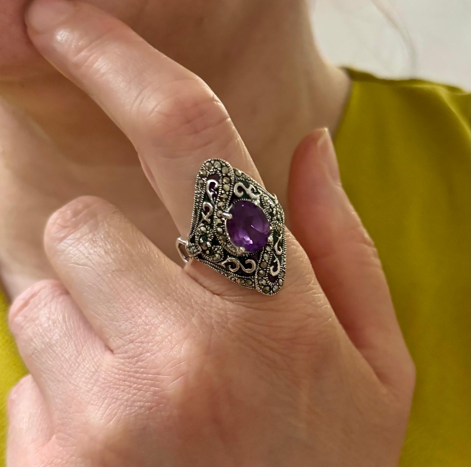 Anillo de Plata de ley vieja con piedras Marcasitas y Amatista 2