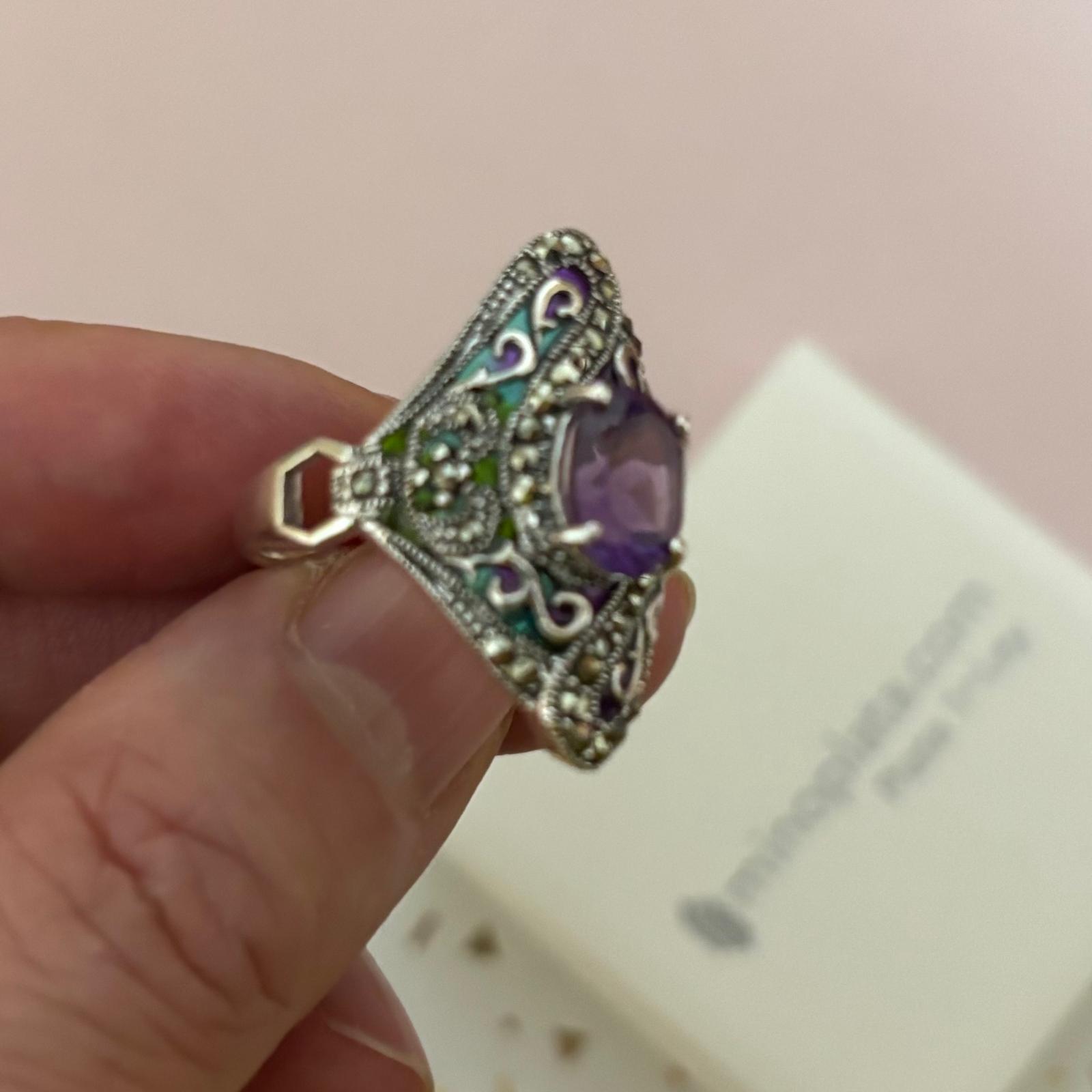 Anillo de Plata de ley vieja con piedras Marcasitas y Amatista 4