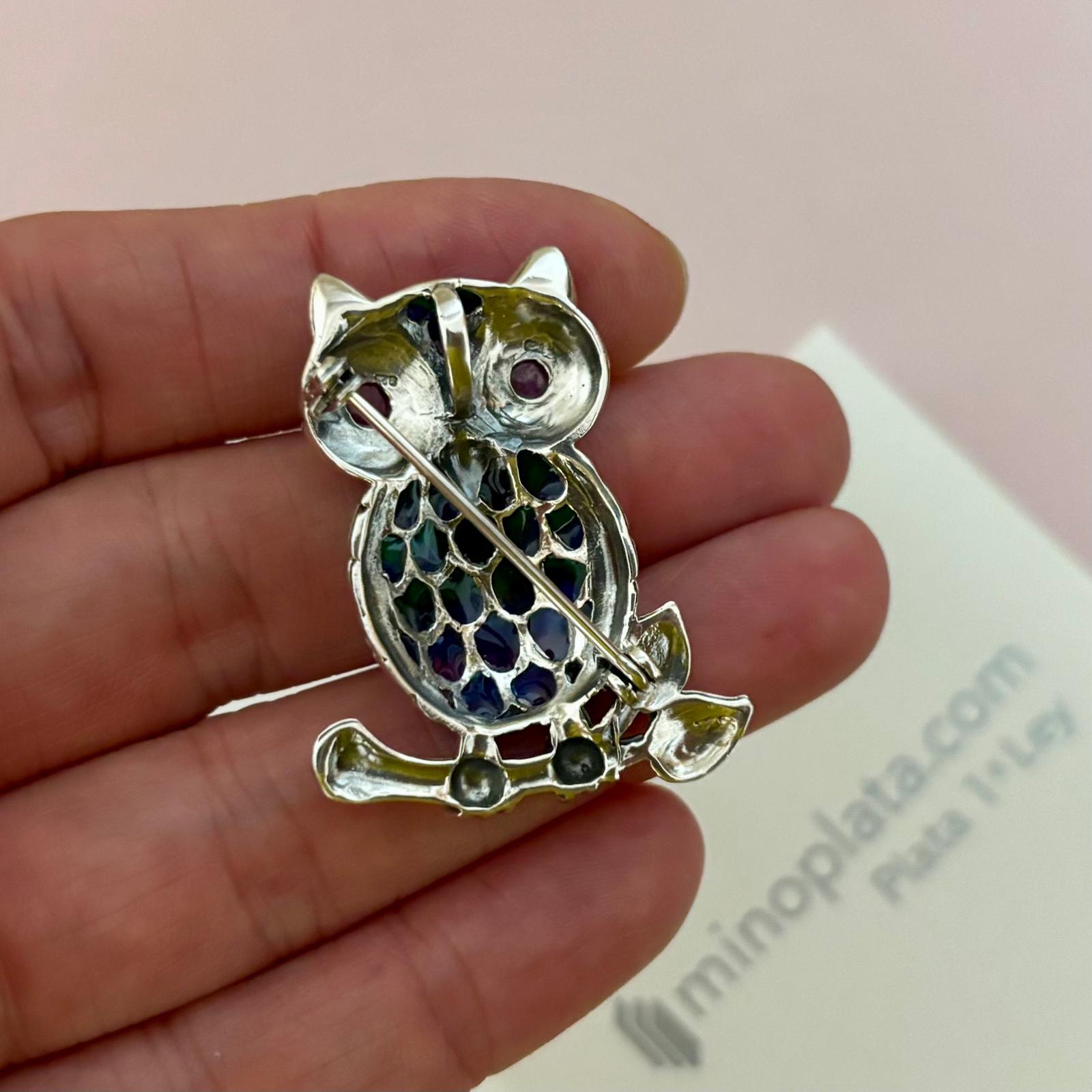 Colgante - Broche búho de Plata de ley vieja con Piedras 3