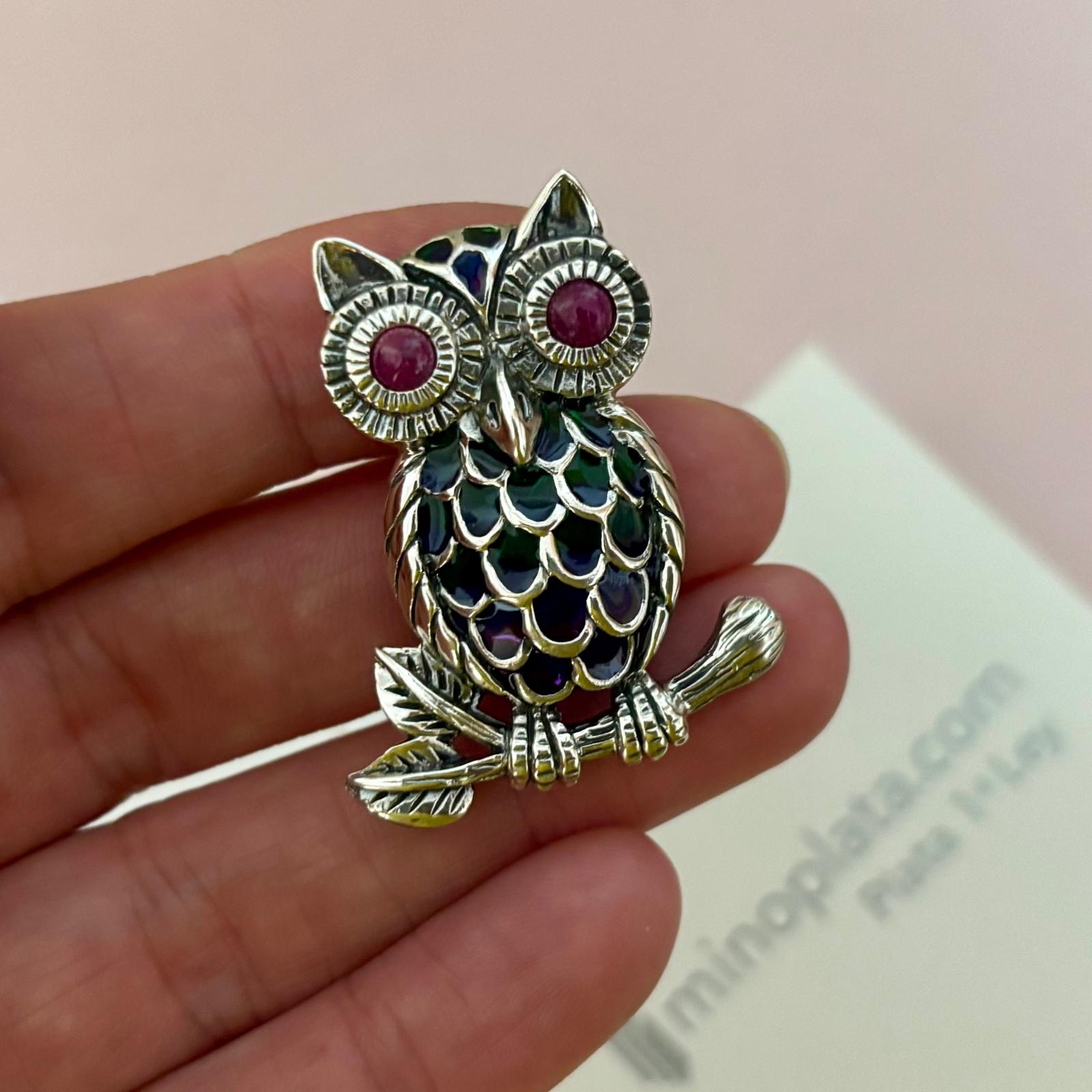 Colgante - Broche búho de Plata de ley vieja con Piedras 2