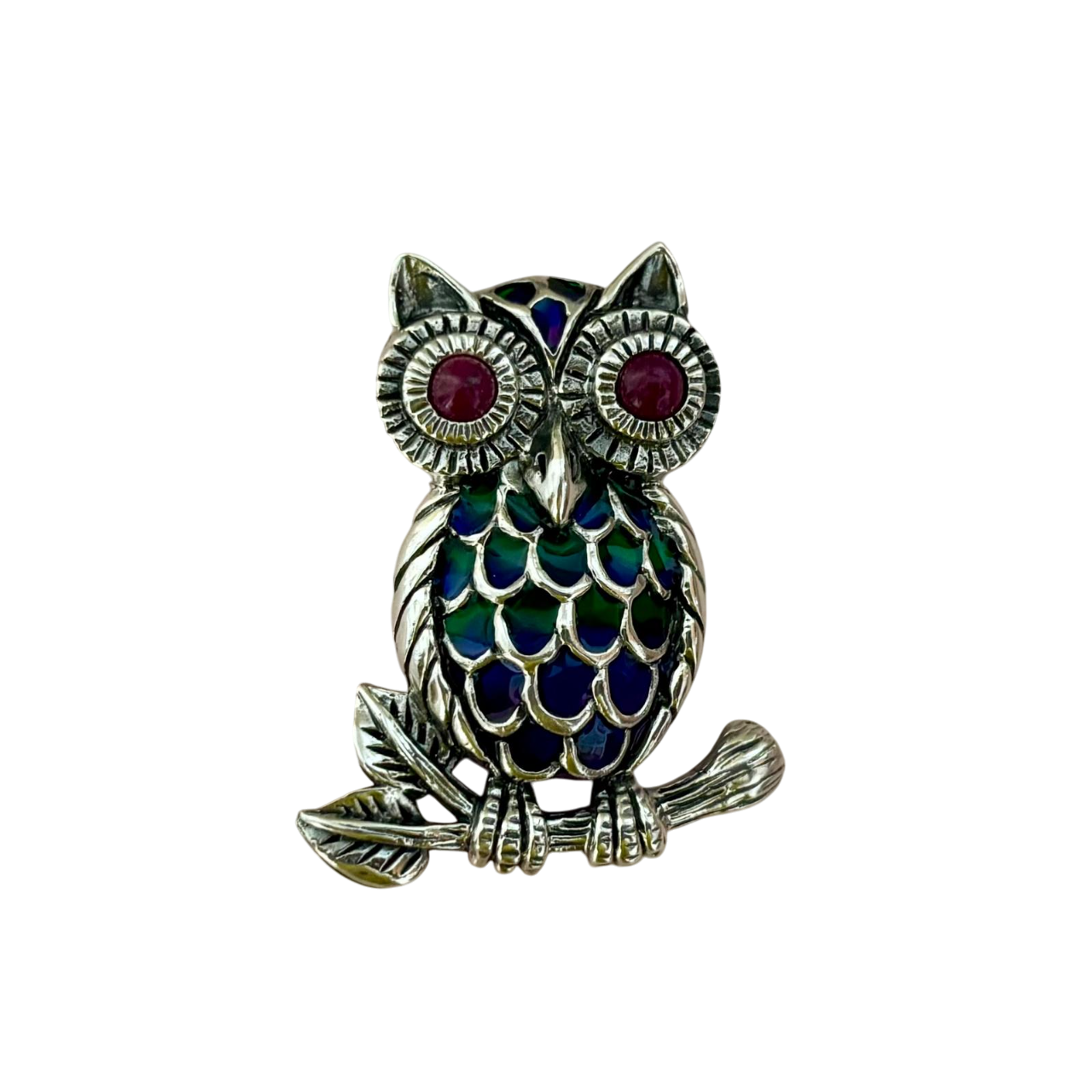 Colgante - Broche búho de Plata de ley vieja con Piedras