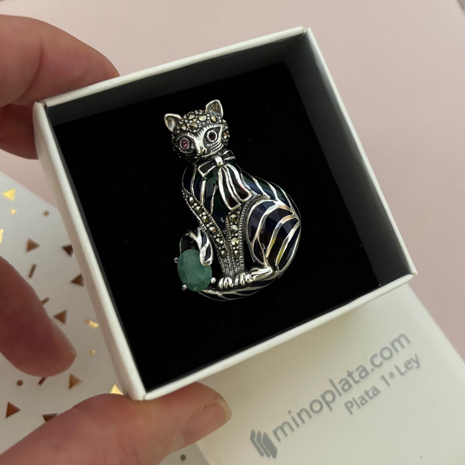 Colgante broche gato de Plata de ley vieja con piedras naturales 2