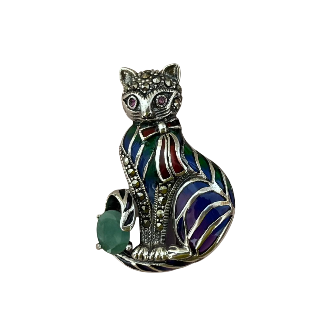 Colgante broche gato de Plata de ley vieja con piedras naturales