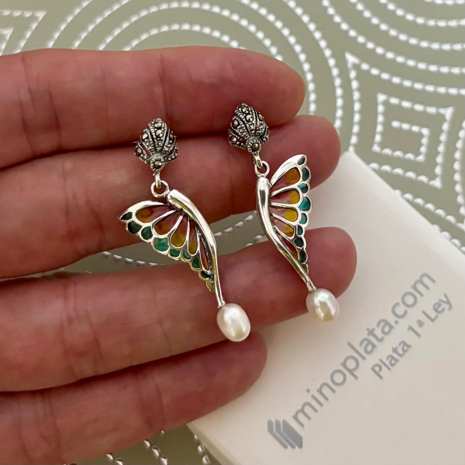 Pendientes asimétricos alas de mariposa de Plata vieja con Perlas y Marcasitas 2