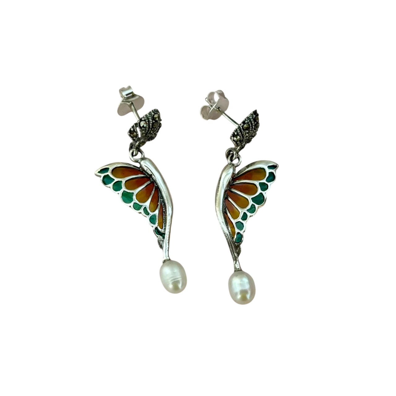 Pendientes asimétricos alas de mariposa de Plata vieja con Perlas y Marcasitas