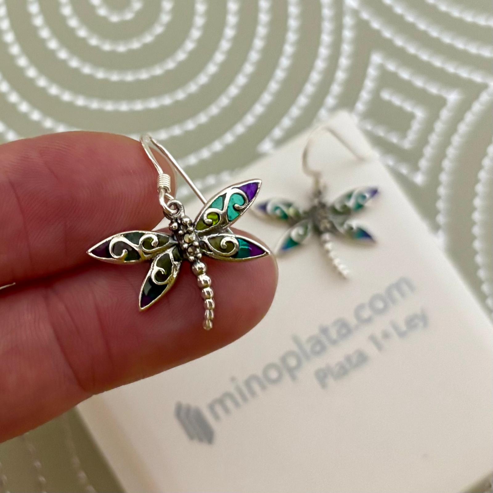 Pendientes libélula multicolor de Plata de ley vieja