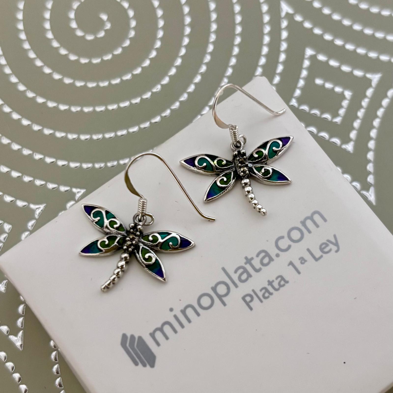 Pendientes libélula multicolor de Plata de ley vieja 3
