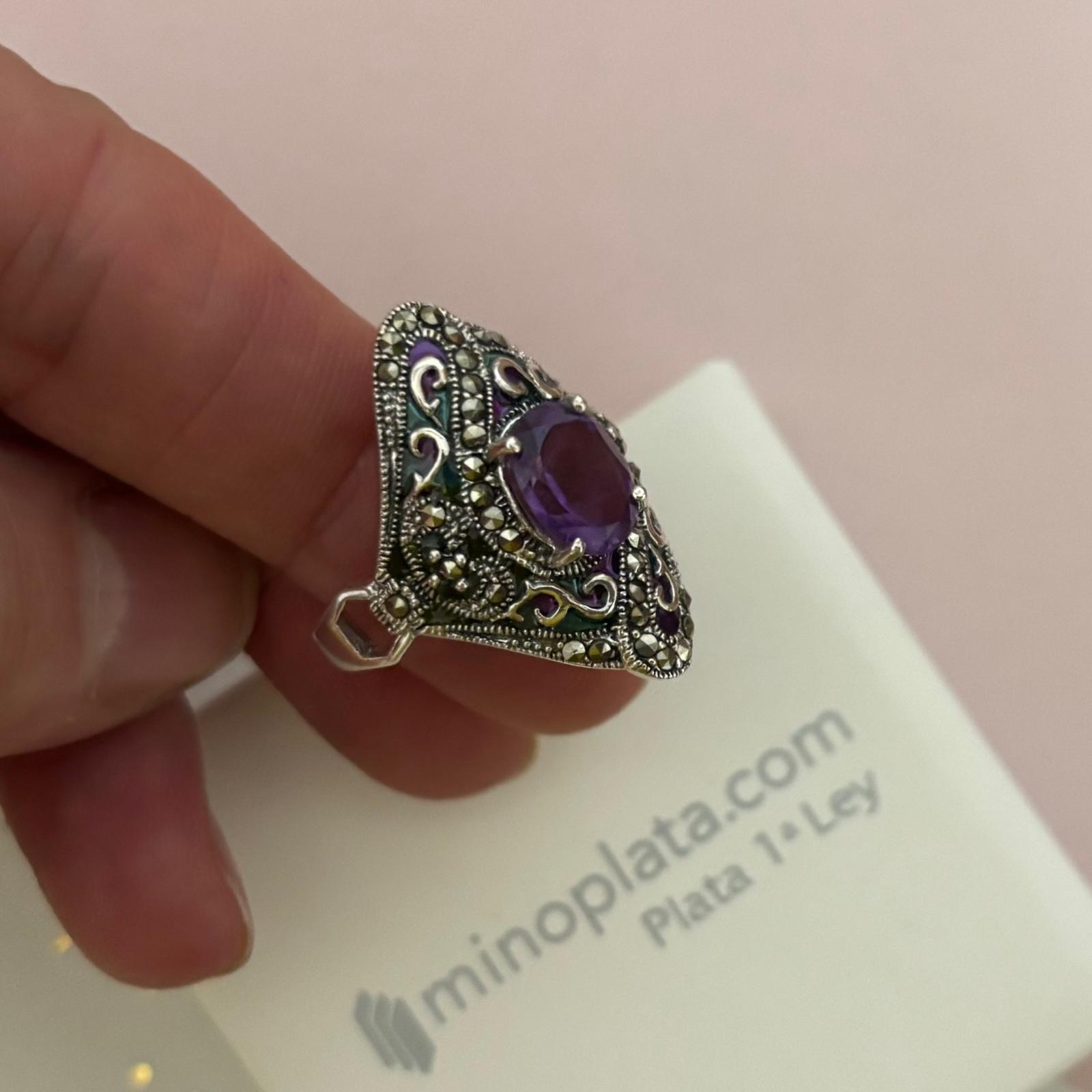 Anillo de Plata de ley vieja con piedras Marcasitas y Amatista 3