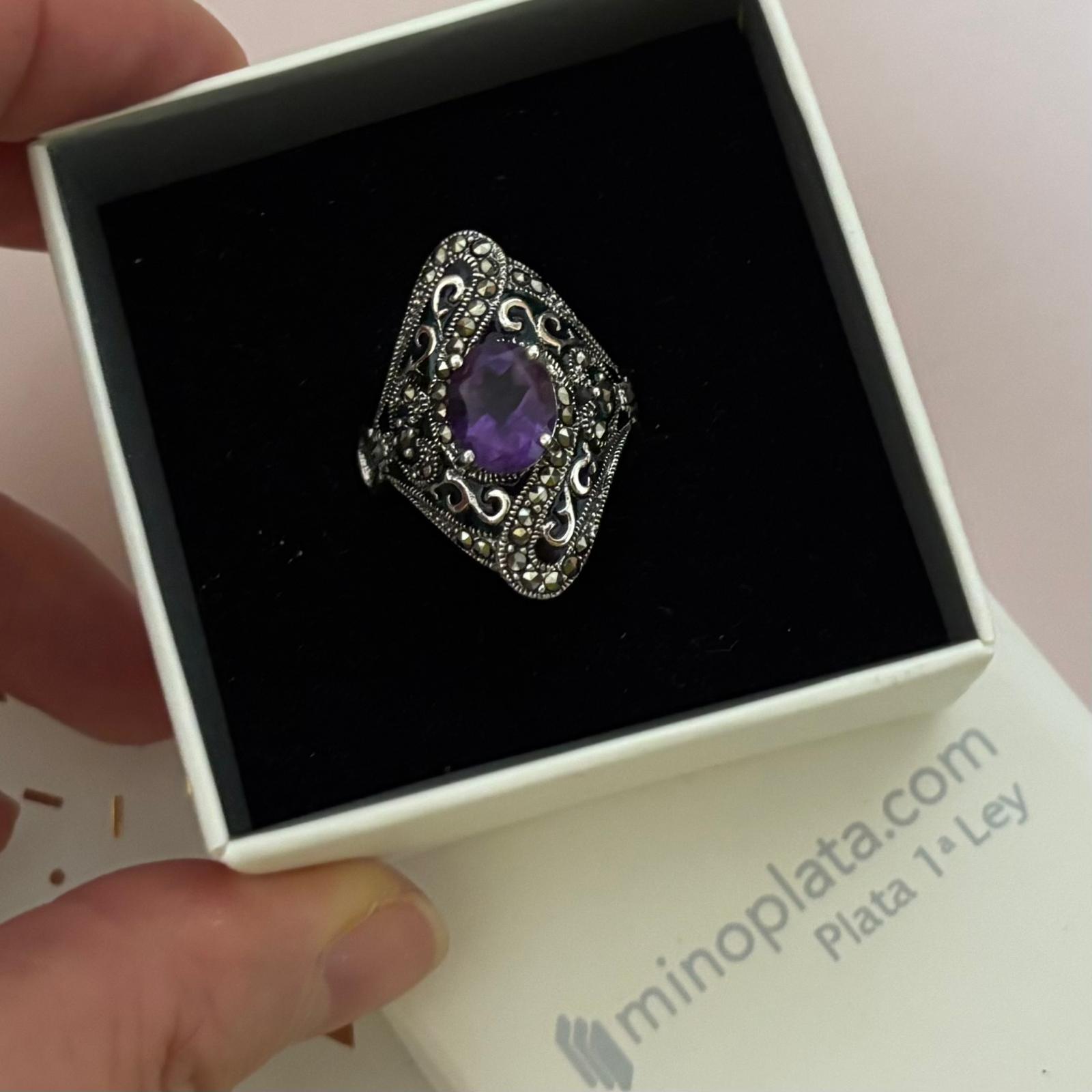 Anillo de Plata de ley vieja con piedras Marcasitas y Amatista 5