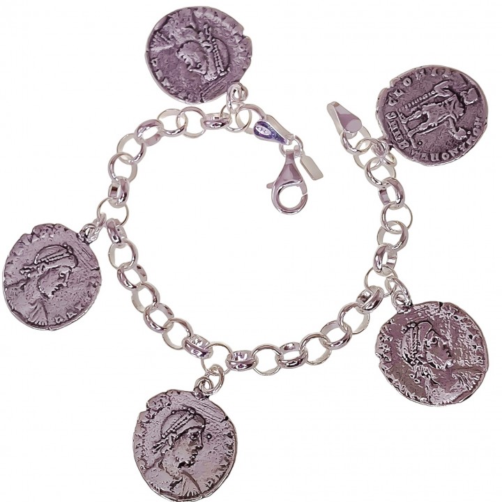 Pulsera rolo con monedas colgantes de Plata de ley 925