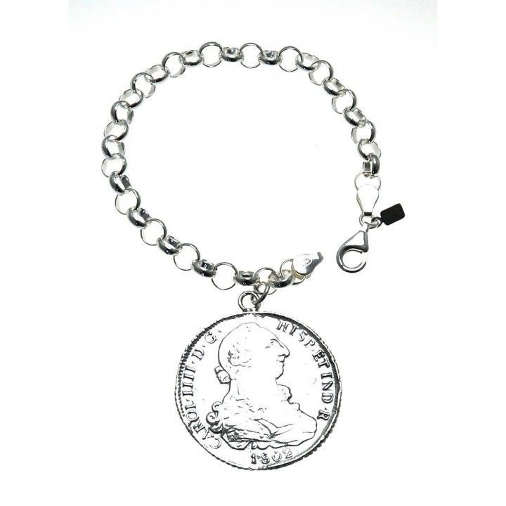 Pulsera rolo con moneda colgante de Plata de ley 925