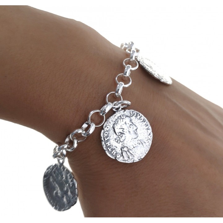 Pulsera rolo con monedas colgantes de Plata de ley 925 2