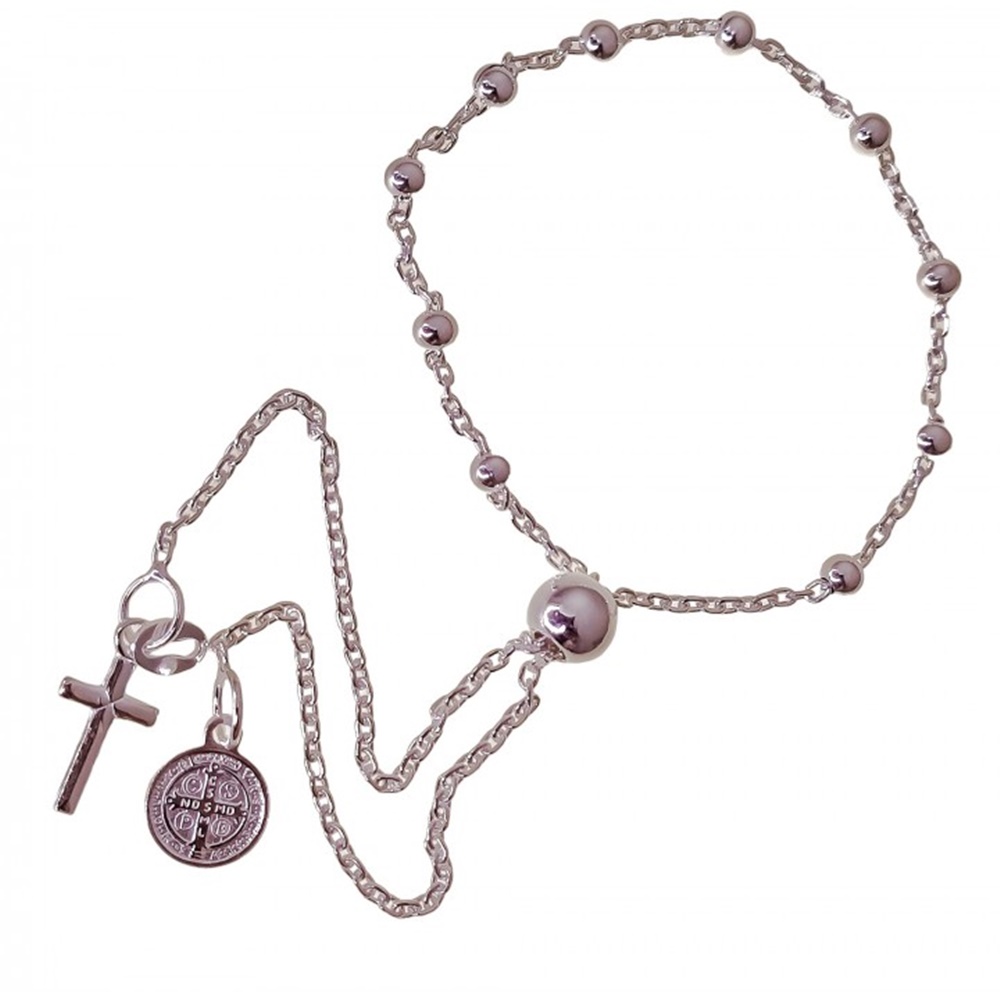 Pulsera rosario de Plata de ley cruz y medalla de San Benito